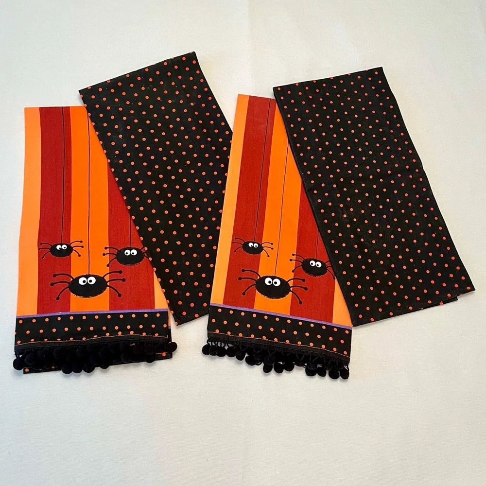 (4) Halloween Kitchen Guest Hand Towels Spiders Polka Dots Stripes Pom Poms